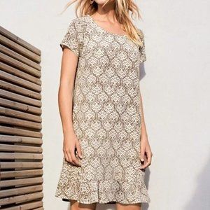 Garnet Hill Olivia Silk Tan Cream Pattern Short Sleeve Ruffle Hem Shift Dress 6